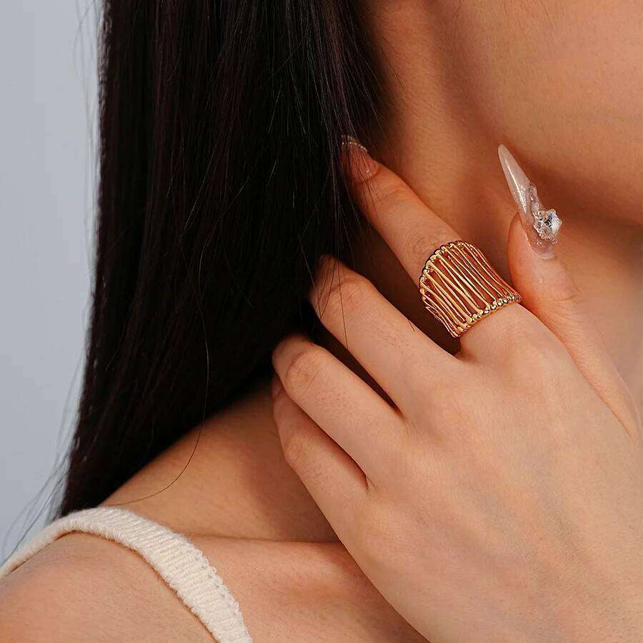 XIANING Stainless Steel 18K Gold Color Plated Metal Geometric High Quality Ring Water Resistant Texture Fashion Daily Jewelry H260312