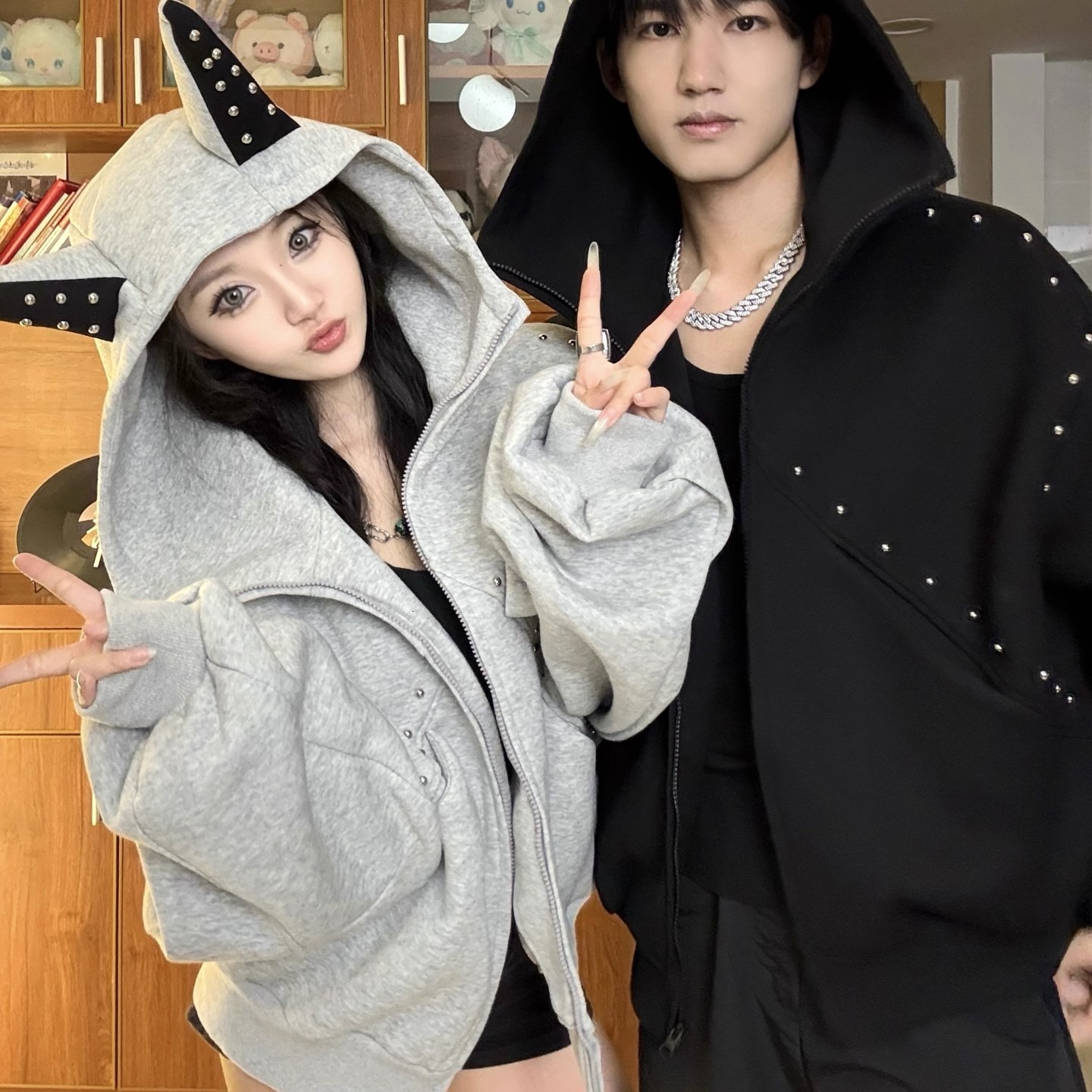 Designer Hoodie And Hip-hop Retro Oversized Hooded Sweatshirt Unisex Style Versatile And Cute With Cat Ears And Rivets Trendy Couple's Jacket