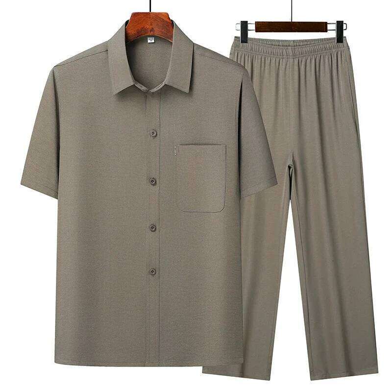 Top + Pants Summer Leisure All Match Middle-aged and Old Dad Men Fashion Trend Grandpa Loose Lapel Half-sleeve Shirt Set