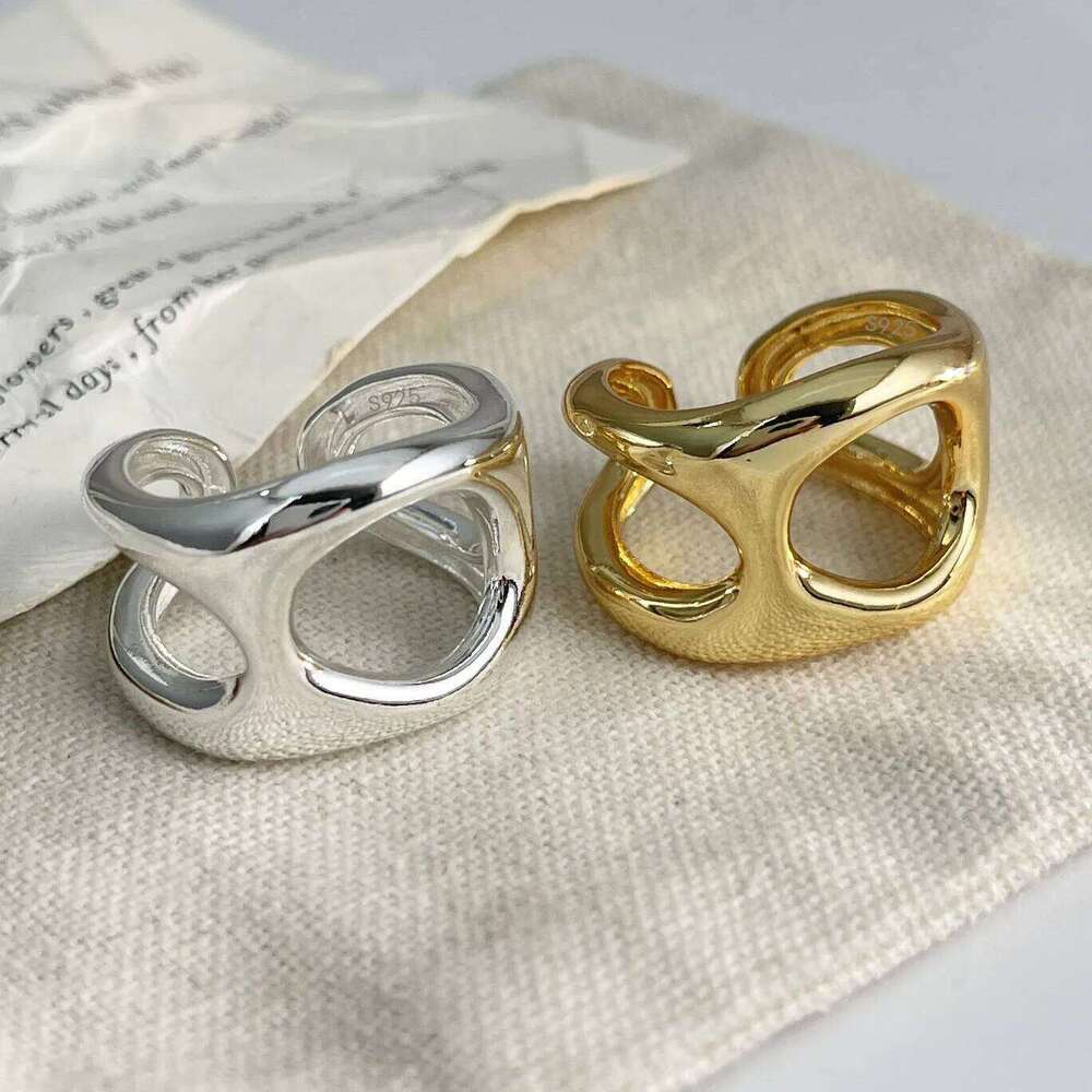 925 Sterling Silver Rings Women Geometric Fine Jewelry Finger Adjustable Simple Wide Hollow Ring For Party Birthday Gift H260312