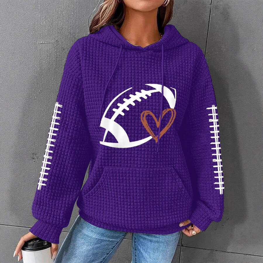 Women's Football Print Cozy Textured Hoodie Perfect for Casual Outings and Sports Events Comfortable Pullover