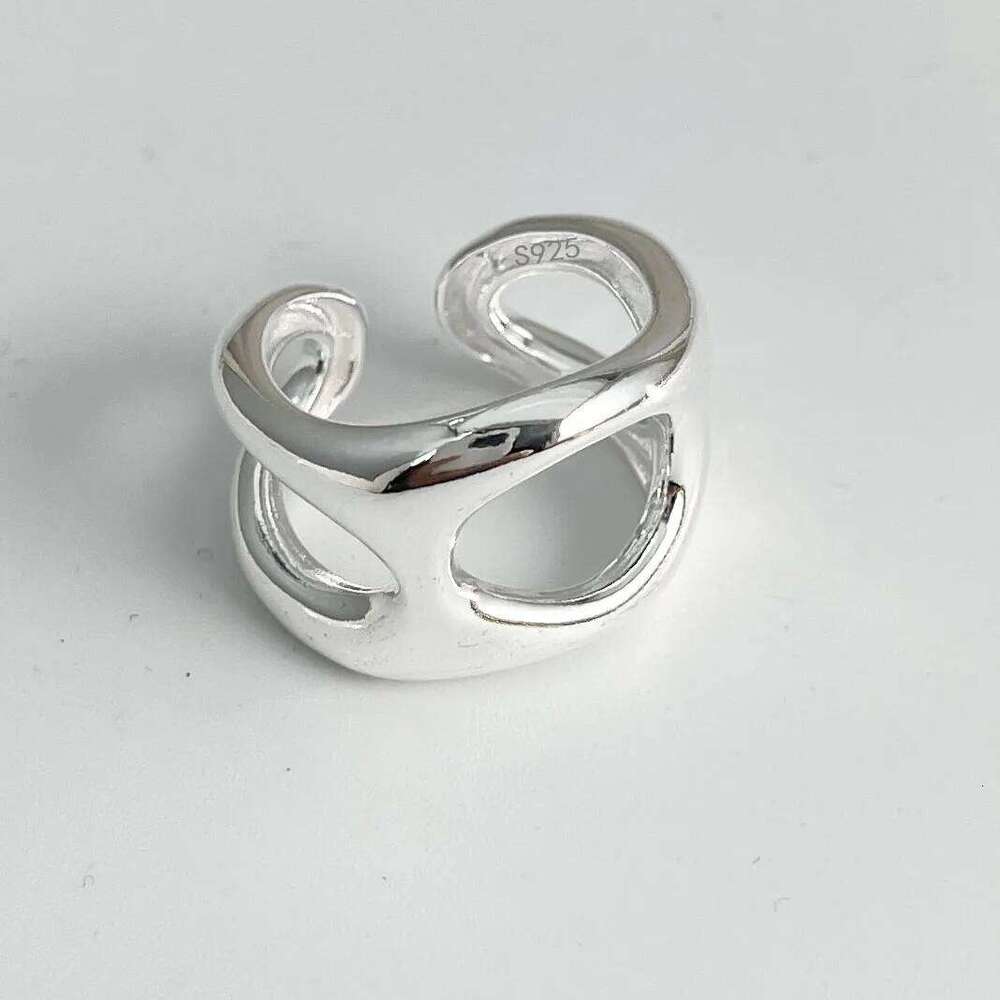 925 Sterling Silver Rings Women Geometric Fine Jewelry Finger Adjustable Simple Wide Hollow Ring For Party Birthday Gift H260312