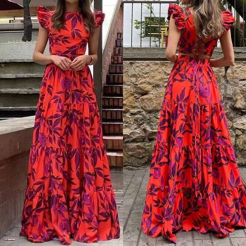 Vacation Women Floral Print Vestidos Summer Women's Fashionable Printed Round Neck Long Ruffle Edge Sexy Hollow Lace Up Dresses C260312