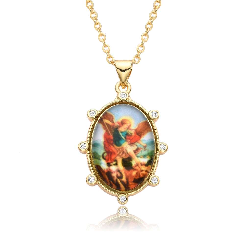 Gold Plated Archangel St. Michael Oval Hollow Pendant Shell Edge San Miguel Arcangel Medal Necklace Catholic Jewelry Charms Gift H260311