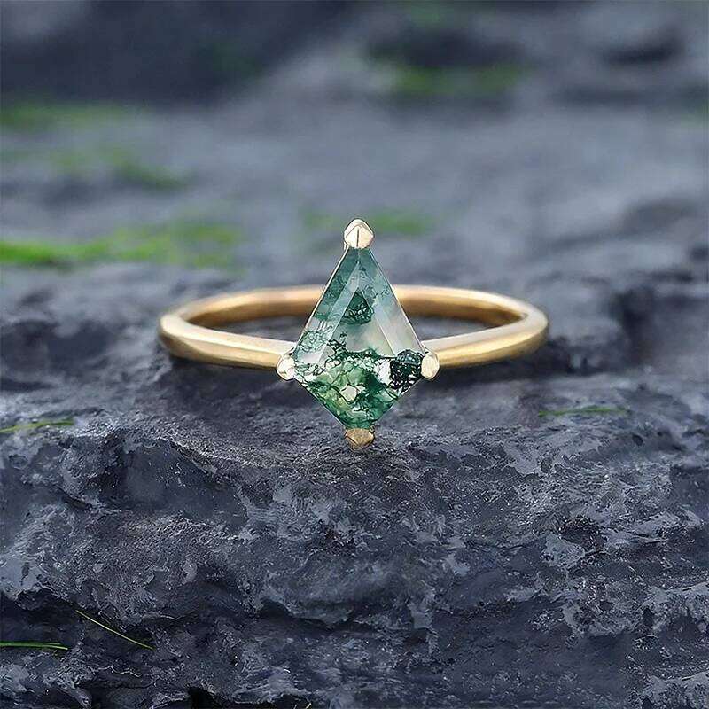 925 Sterling Silver Kite Shaped Moss Agate Engagement Ring Vintage Solitaire Rings for Women Unique Wedding Bridal Promise Gifts H260312