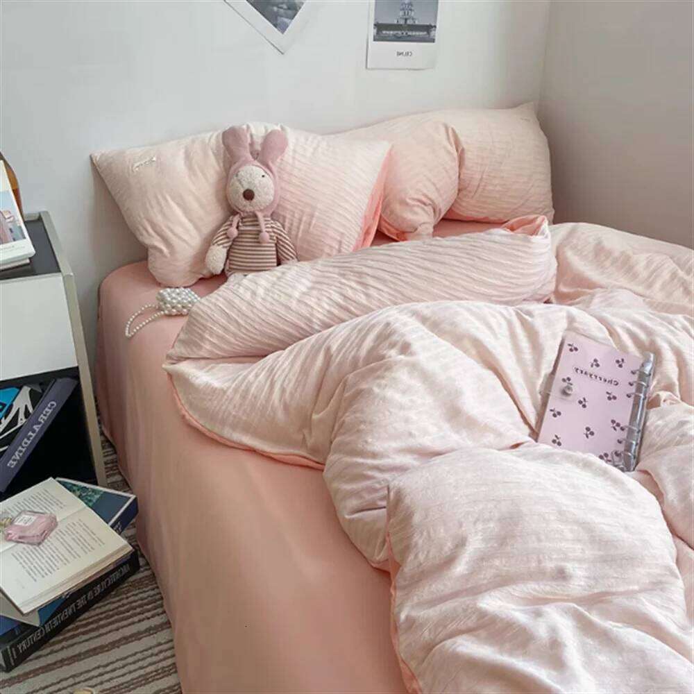 Ins Light Blue Bubble Washed Cotton Bed Sheet Bedding Four Season Duvet Nordic Style Three Piece Set H260312