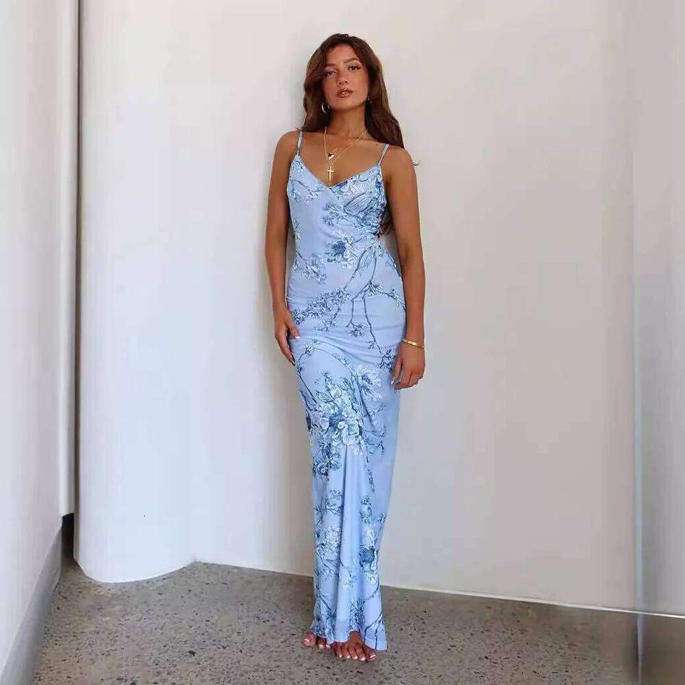 New Summer Women's Long Sling Floral Printed Backless Fashion Party Ladies Dresses Club Sexy Suspender Dress C260312