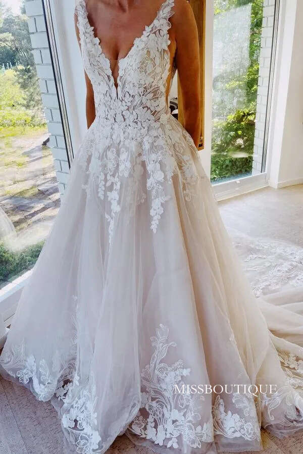 Summer Bohemian Lace Tulle Wedding Dresses A Line V Neck Appliques Bridal Gowns Plus Size Robes De Mariage Bc14398 B0312