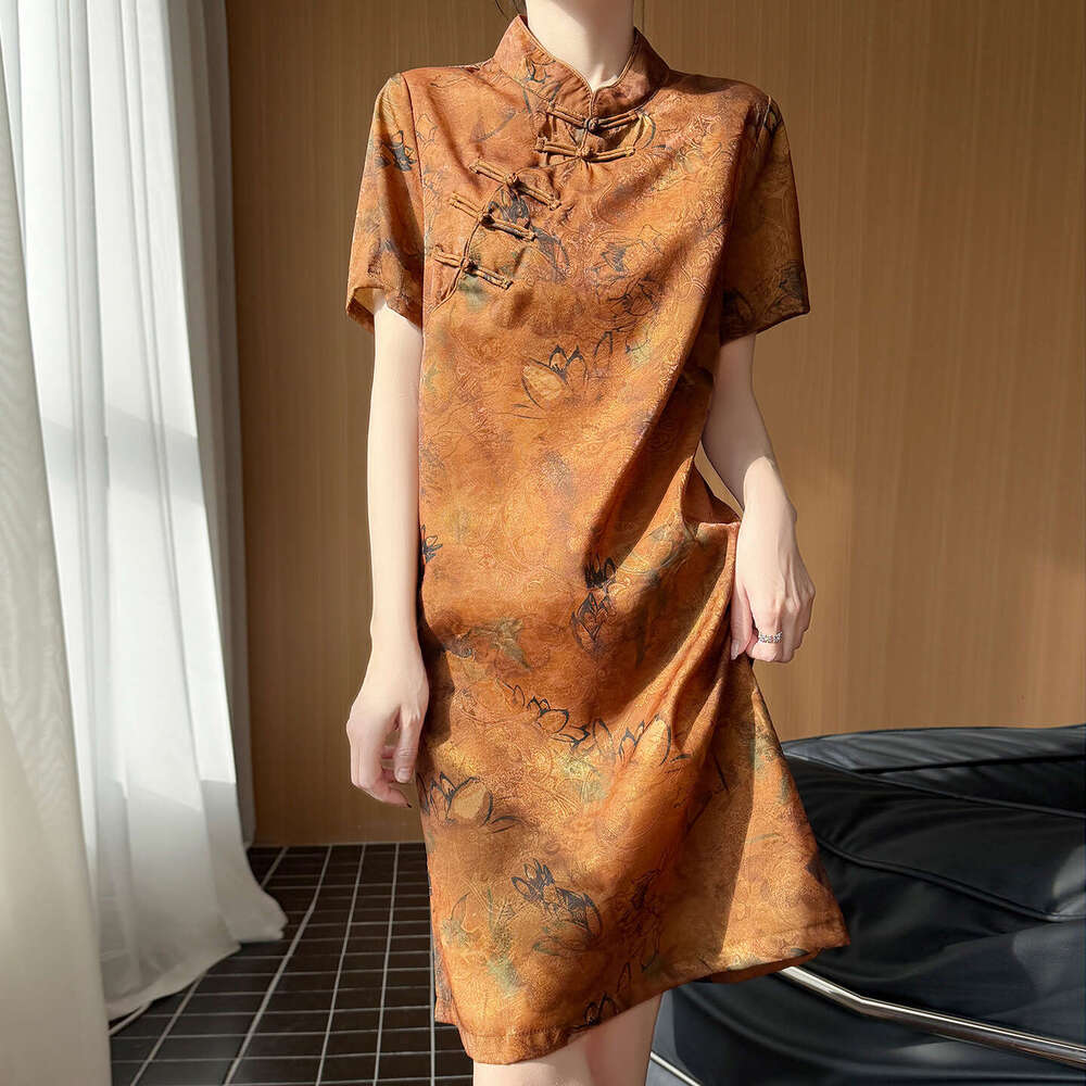 Chinese Style Cheongsams Woman Traditional Dress Floral Print Qipao Satin Slim and elegant dress, Chinese style dress, fashionable buckle