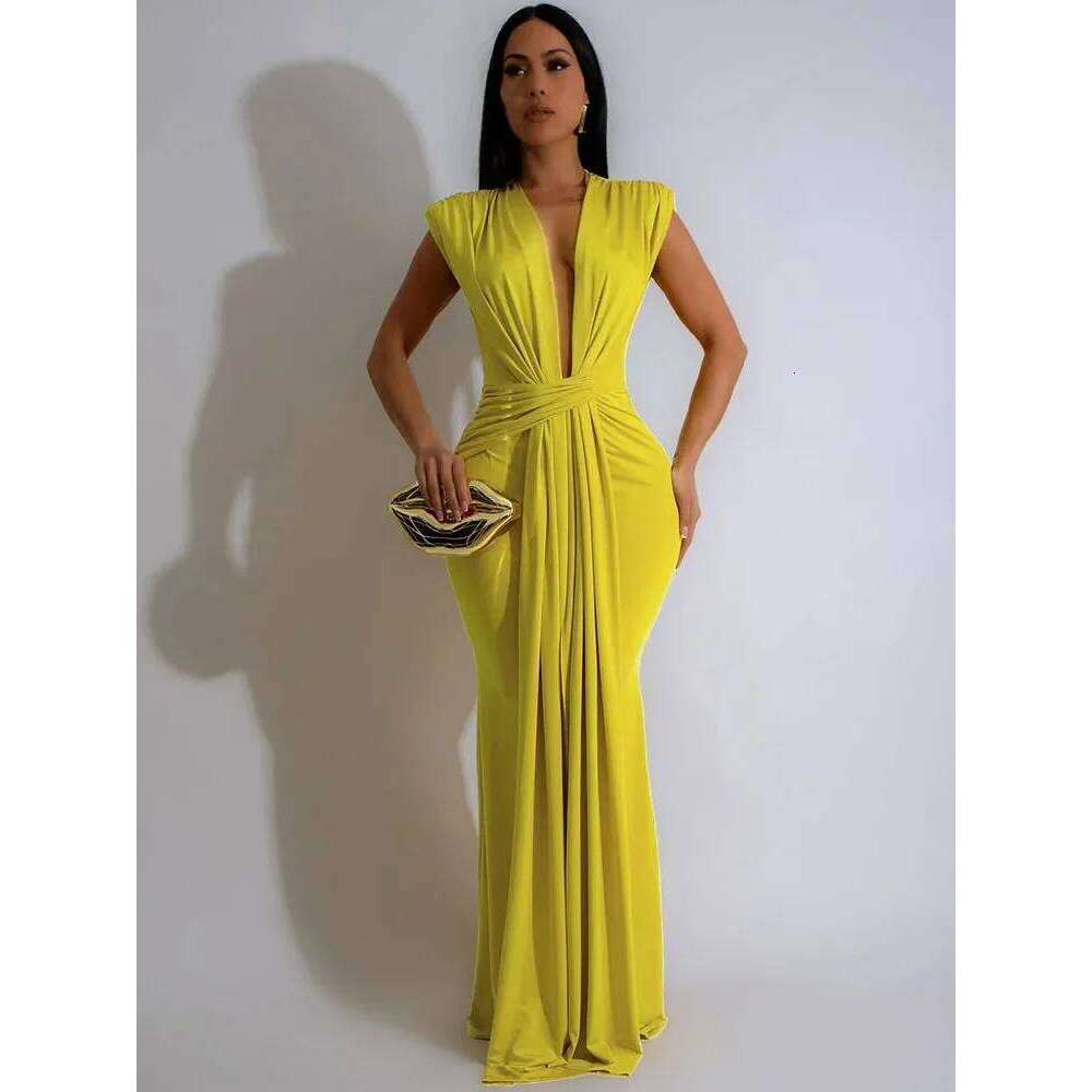 Elegant Ruched Bodycon Maxi Dresses for Women Birthday Night Party Evening Prom Deep V-neck Sheath Celebrity Formal Long Dress C260312