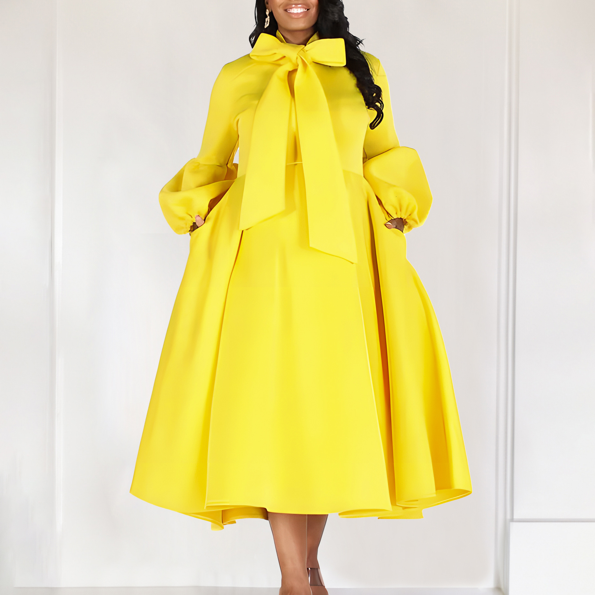 D427 Womens Fashion 2023 New Puff Sleeve Tie High Waist Dress