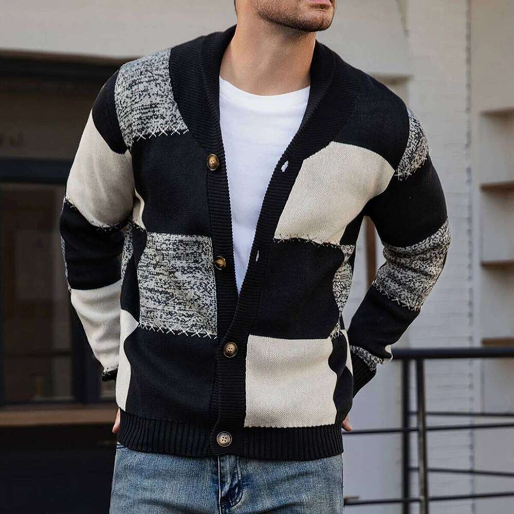 Men's Autumn Winter Cardigan Sweater, Black-White-Gray Plaid Color Block, Casual and Versatile Knitted Jacket