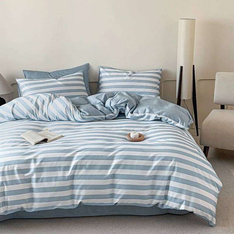 3pcs 100% Cotton Solid Color/two-color/striped/checkered Print Bedding, 1PC Duvet Cover 2PC Pillowcases Soft and Skin-friendly H260312