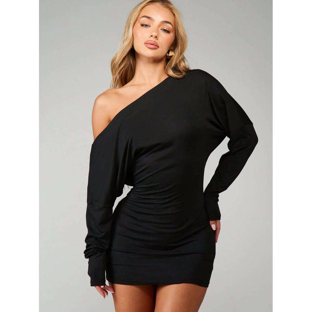 Cross-Border Foreign Trade INS European and American Solid Color Slim 2025 Autumn New Style Asymmetrical Shoulder Long Sleeve One-Step Dress Women