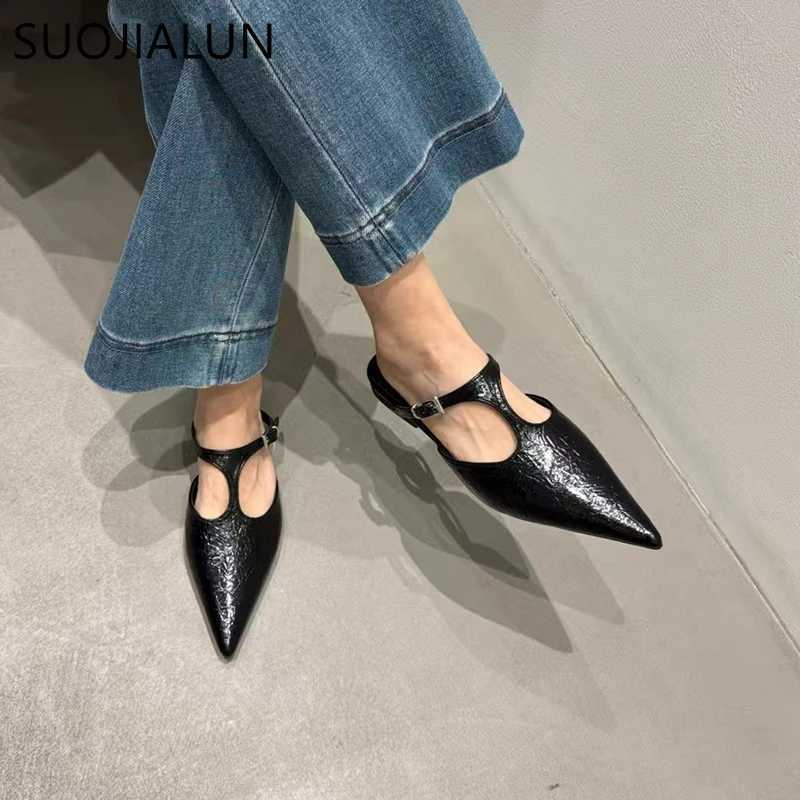 SUOJIALUN 2025 Summer New Women Slipper Fashion Pointed Toe Ladies Elegant Muled Soft Flat Heel Outdoor Dress Sandal Slide K260312