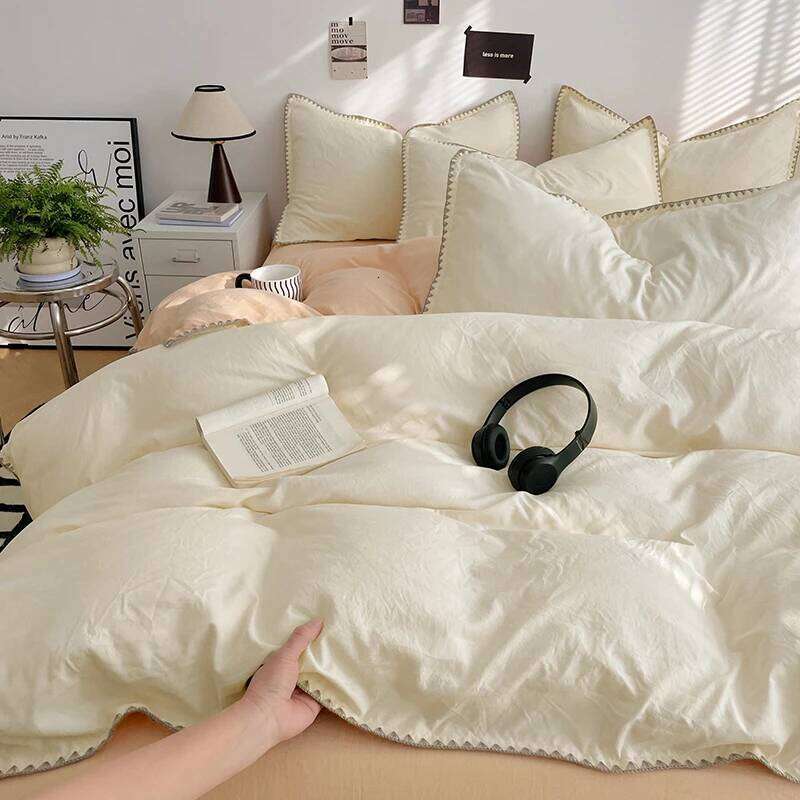 Simple Style Solid Bedding Washed Cotton Flat/Fitted Sheets Set Duvet Cover Bed Linen Pillowcase Full Double Queen King H260312