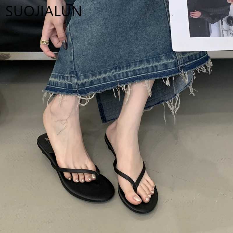 SUOJIALUN 2025 Summer New Slipper Fashion Narrow Band Slip On Flip Flop Shoes Thin Low Heel Outdoor Dress Sandal Slides Sh K260312