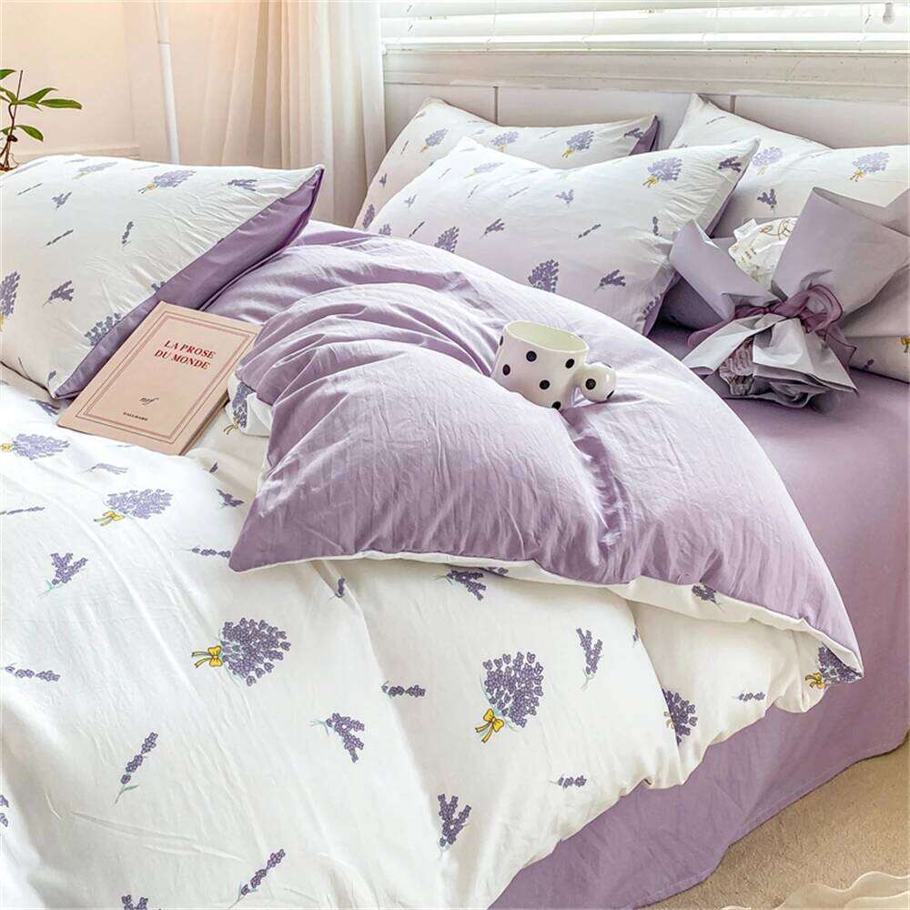 Home Textiles Soft Four-piece Bedding Set Pillowcase Purple Washed Cotton Flower Duvet Cover for Children Women Men Bed Sheet H260312