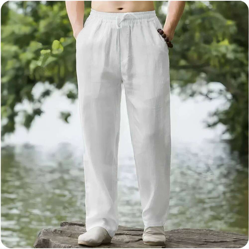 2025 New Men's Hip Hop Breathable Cotton Casual Sports High Waist Lace Up Fashion Solid Color Comfortable Pants 5XL