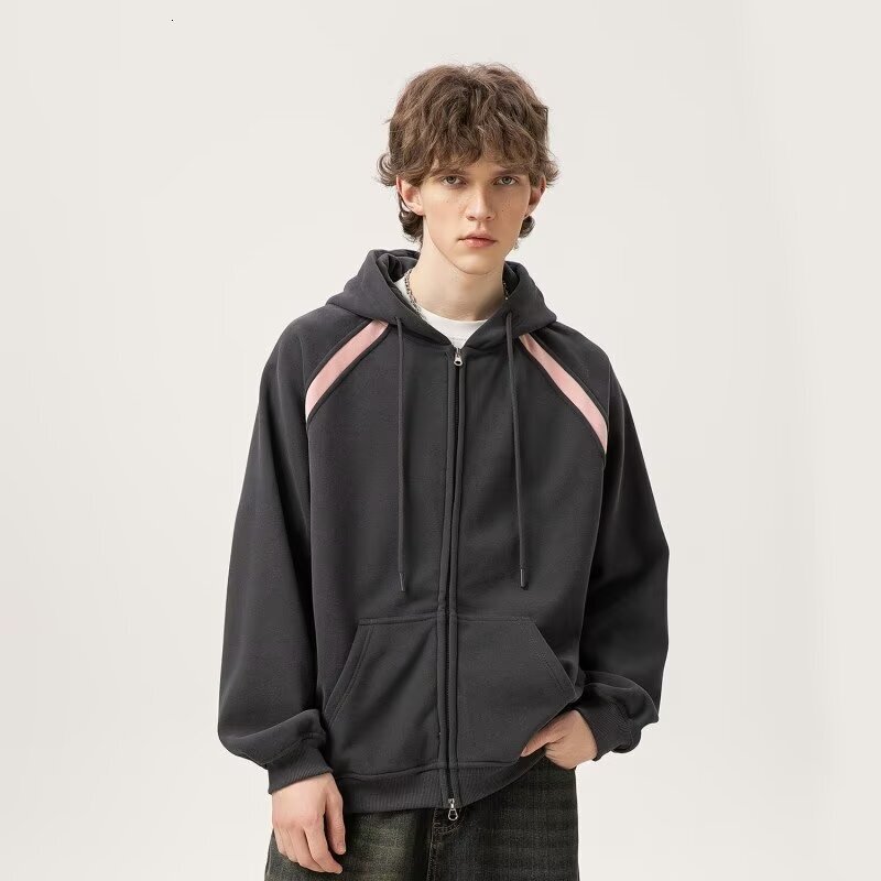 Heavyweight 380g Composite Cotton Raglan Sleeve Color-block Hooded Zipper Sweatshirt Designer Hoodie Men's College Style Loose Jacket Unisex