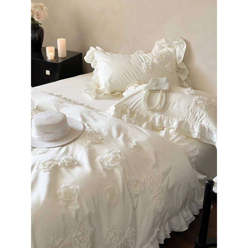 4Pcs French Princess Style 100% Cotton Solid Color Three-dimensional Rose Lace Bedding Duvet Cover 200x230 220x240 Four Seasons H260312