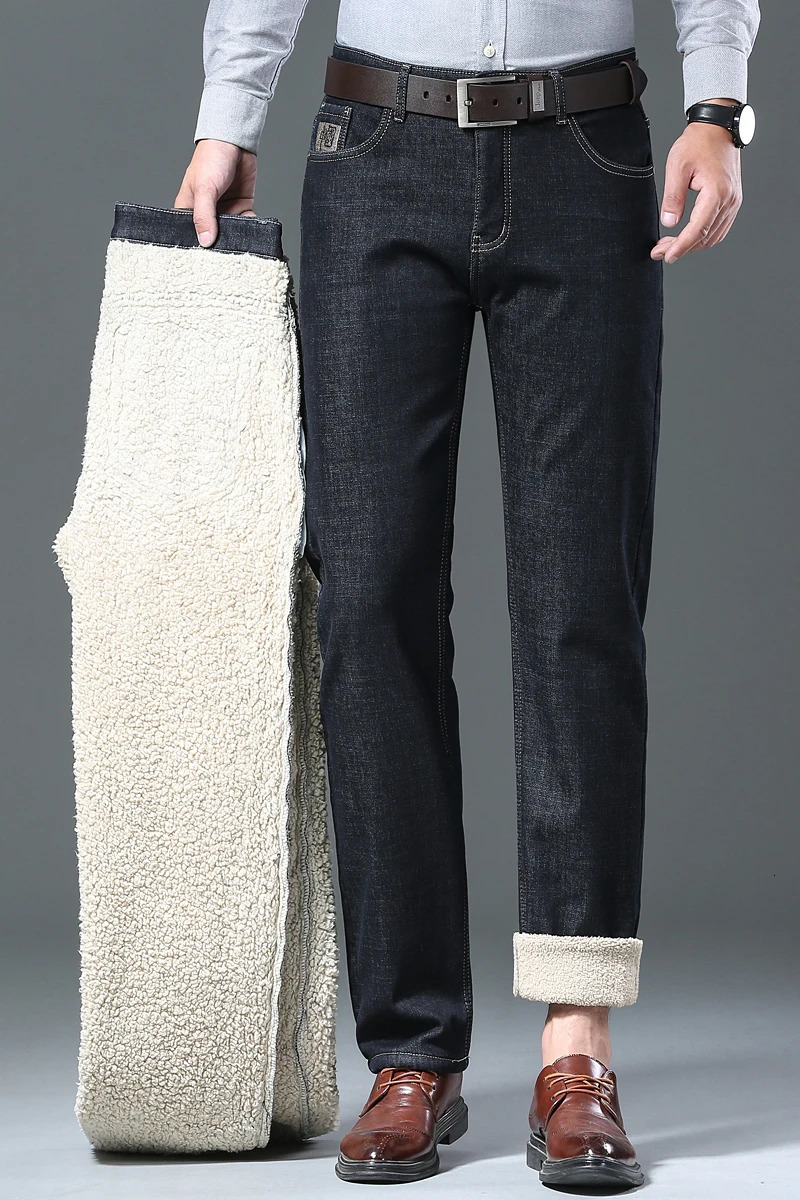Winter Warm Mens Wool Velvet Jeans Thickened Fleece Slim Straight Denim Pants Business Casual Comfortable Thermal Male Trousers 260228