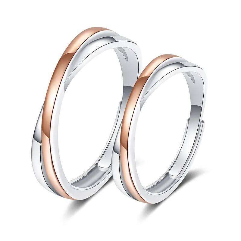 CIAXY Silver Color Line Cross Design Wedding Rings for Couple Rose Gold Adjustable Ring Simple Birthday Jewelry Gifts W260311