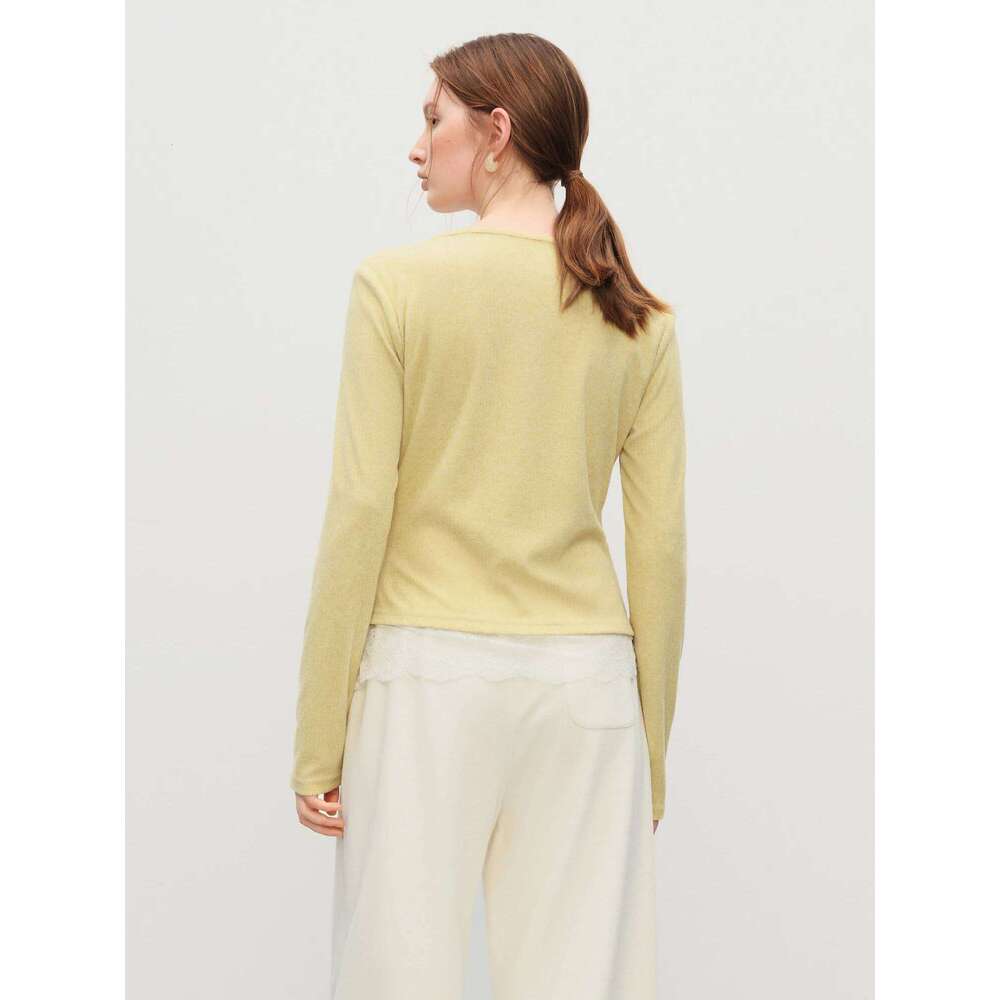 FSLE Autumn Winter Women's Contoured Fit Mock Layer T-Shirt - Textured Lace Trim Knit Base Top With Slimming Silhouette MAKOUFEI