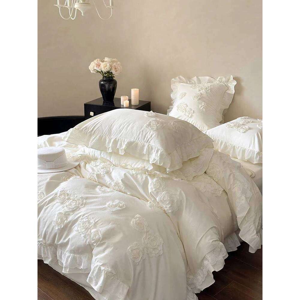 4Pcs French Princess Style 100% Cotton Solid Color Three-dimensional Rose Lace Bedding Duvet Cover 200x230 220x240 Four Seasons H260312