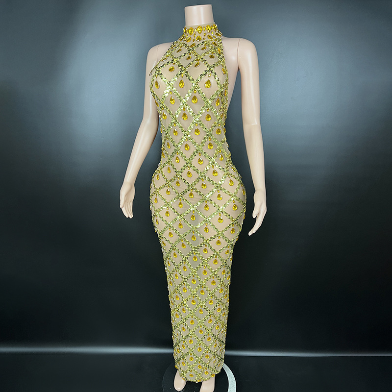 Basic & Casual Dresses Transparent Long Dress Evening Birthday Celebrate Luxurious Costume Sparkly Silver Big Rhinestone Dancer Flashing Dress