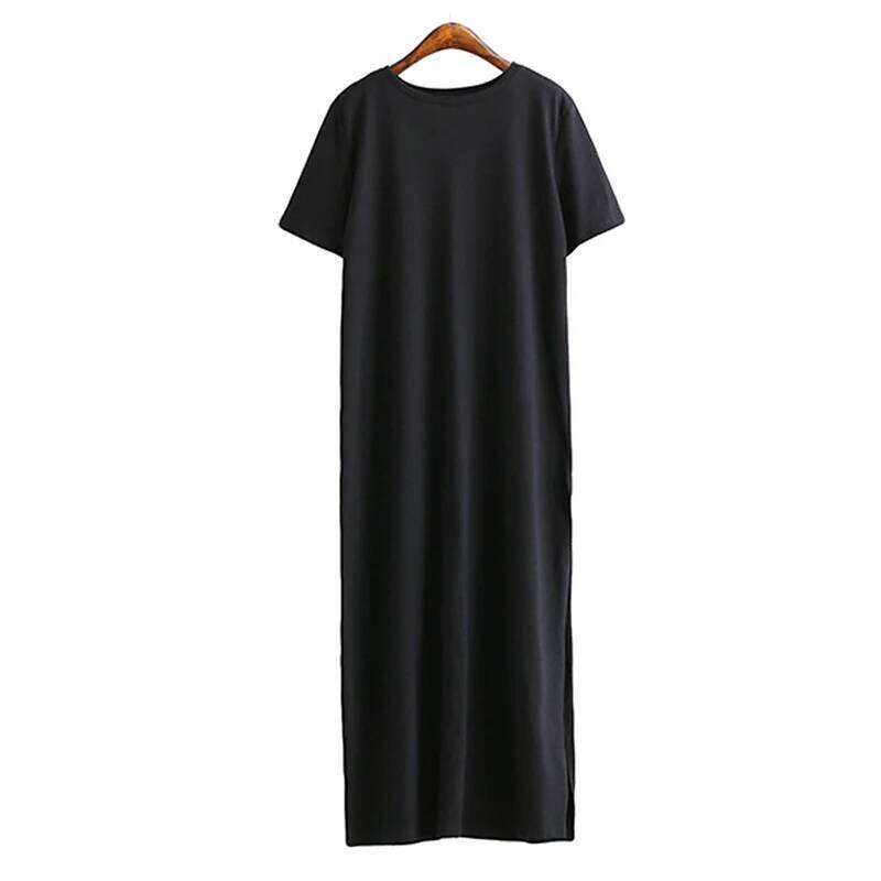 Summer Korean Style Midi Women Casual Black Long Dresses Short Sleeve Sexy Plus Size Side Open Party Maxi T Shirt Dress C260312