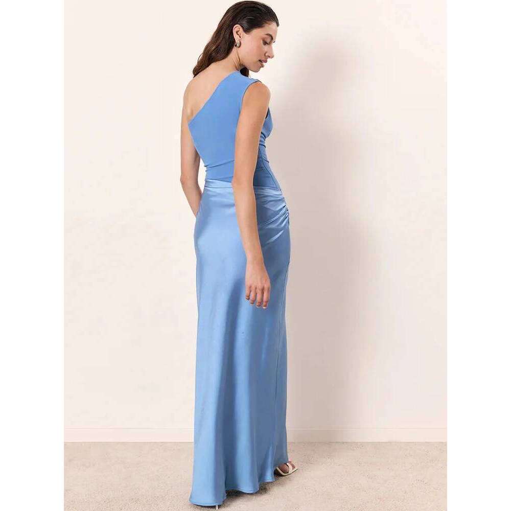 JULISSA MO Patchwork Satin Sexy One Shoulder Women Maxi Brown Sleeveless Evening Dress Summer Slim Elegant Party Clubwear C260312