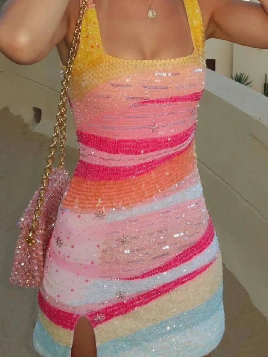 Elegant Lady Fit Banquet Short Fashion Sequins Sleeveless Halter Evening Summer New Women High Waist Wrap Hips Dress