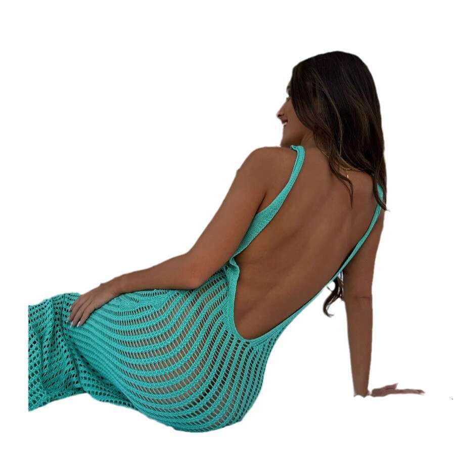 2026 New Foreign Trade Beach Sexy Backless Cover-Up, Knitted Strap Long Dress, Fashionable Dress
