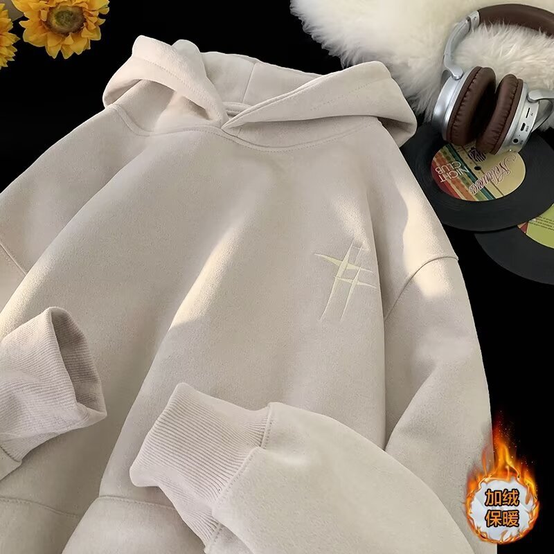Spring And Autumn Suede Sweatshirt For Men New Loose-fit Trendy Designer Hoodie Brand With Embroidered Letters Fleece-lined Hooded Top