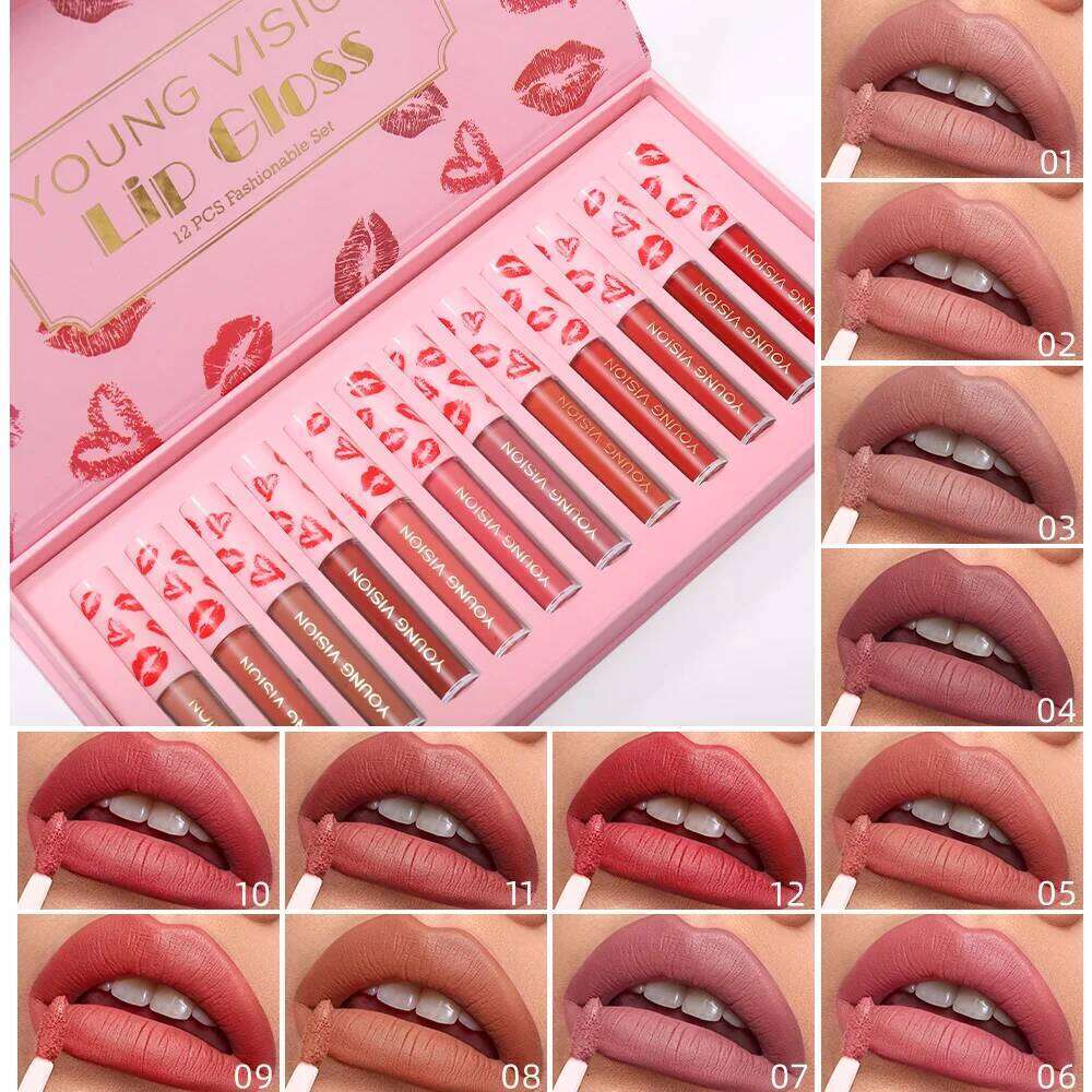 YOUNG VISION 12Pcs/set Lip Glaze Magnet Gift Box Set Matte Non Stick Cup Liquid Lipstick W260311