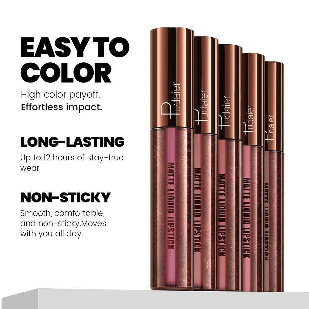 Pudaier Velvet Matte Liquid Lipstick Waterproof & Transfer-Proof Gloss Long Lasting Lip Stain 5 Shades | Kiss Proof, N W260311