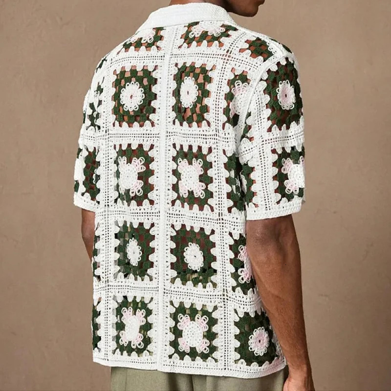 Summer Men Knitted Hollow Out Polo Shirt Fashion Short Sleeve Cardigan Tops French Retro Ethnic Premium Crochet Knitting Shirts 260311