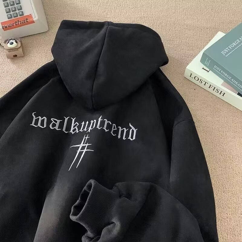 Spring And Autumn Suede Sweatshirt For Men New Loose-fit Trendy Designer Hoodie Brand With Embroidered Letters Fleece-lined Hooded Top