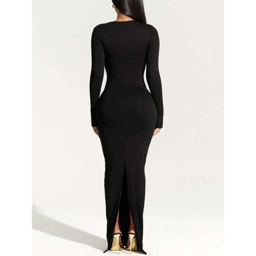 Spring Fashion Women's Black Split Evening Irregular Neck Long Sleeve Slim Dress Solid Color Elegant Bodycon C260312
