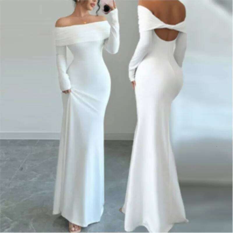 Women's Fashion White Wedding Dress Spring Autumn One-shoulder Slim Backless Sexy Hip-pack Dresses For Women Robe Femal Vestidos C260312