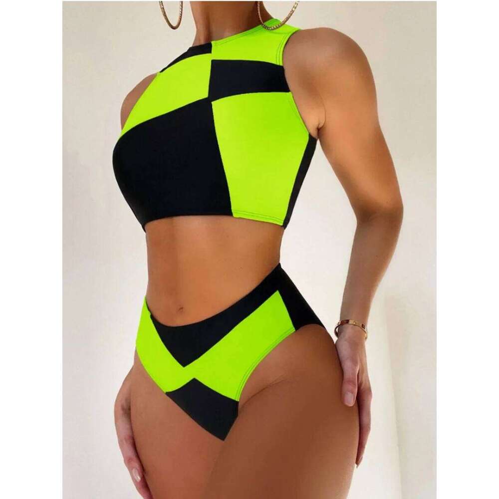 Sports Bikinis 2025 Women Waist Swimsuit Solid High Neck Swimwear Female Bathers Bathing Swimming Suit Summer Beachwear Y260303