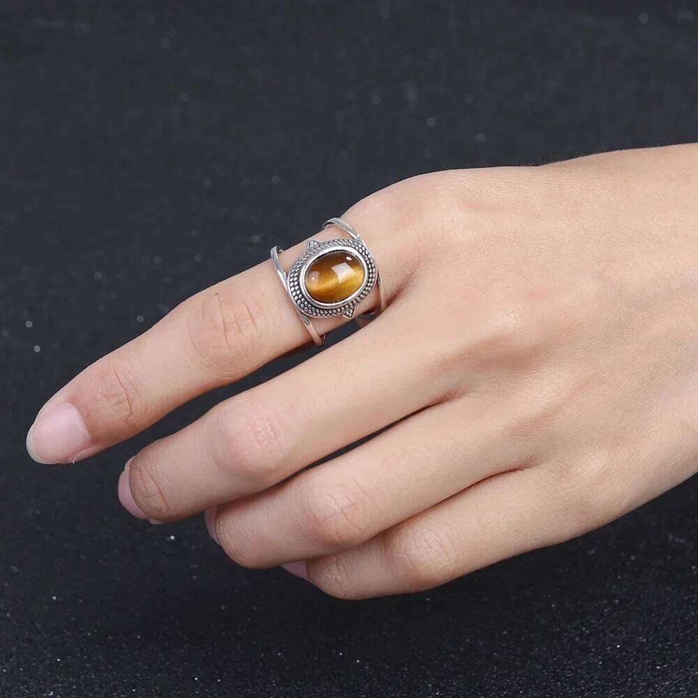 Luxury Natural 8*10MM Tiger's Eye Stone Rhodochrosite Rings Gemstone Fine Jewelry Gift 925 Sterling Silver Ring for Men Women H260312