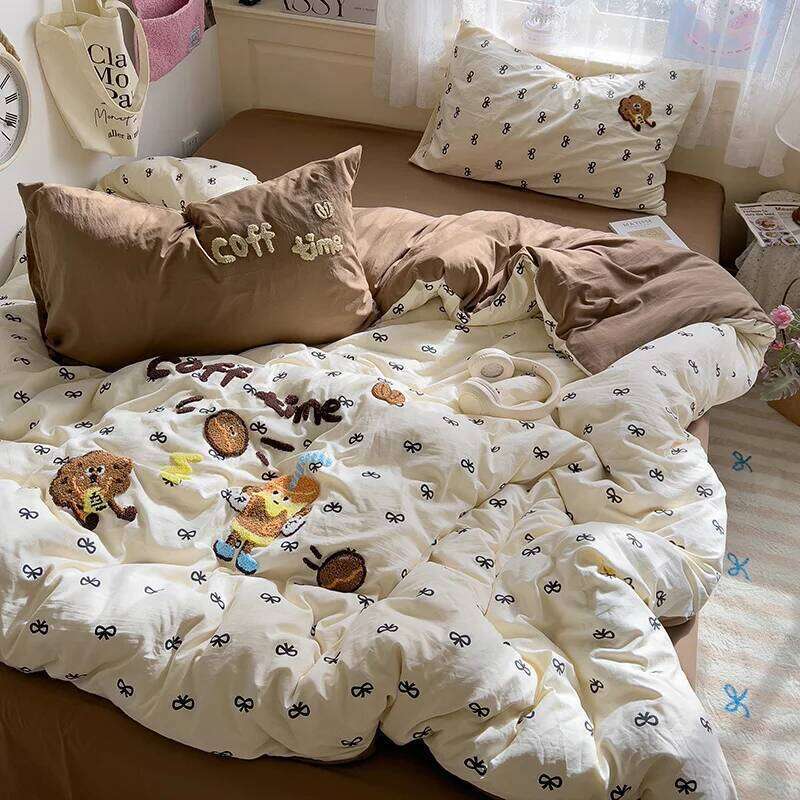 Cartoon Animal Embroidery Bedding Set For Adults Kids Cute Flat Fitted Sheet With Pillowcases Washed Cotton Colorful Full Size H260312