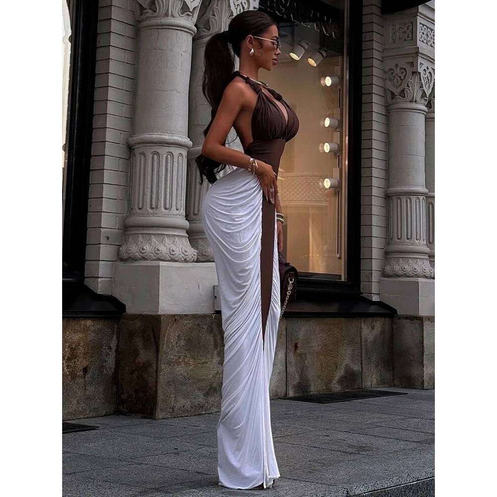 Kliou Ruched Elegant Long Dress Woman Halter Low-Neck Backless Contrast Patchwork Robe Midnight Banquet Party Classic Vestidos C260312