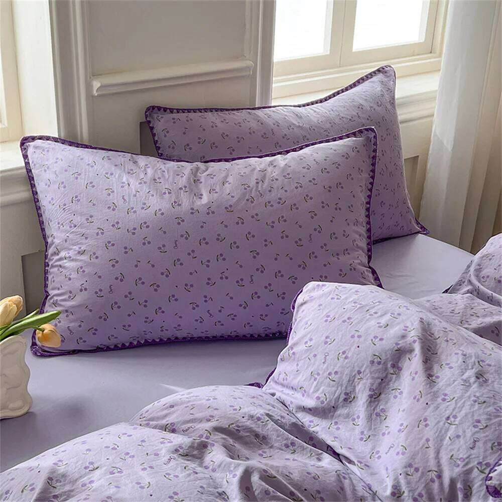 Washed Cotton Duvet Cover Purple Cherry Bed Sheet Pillowcase for Adults and Kids Home Textiles Four-piece Bedding Set H260312
