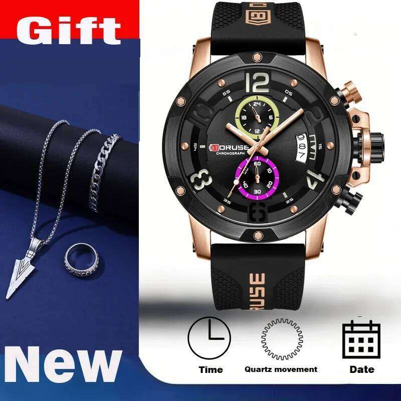 4 PCS SET BORUSE Luxury & Triangle Spearhead Necklace Set, Mens Quartz Waterproof Watches Business Silicone Watch