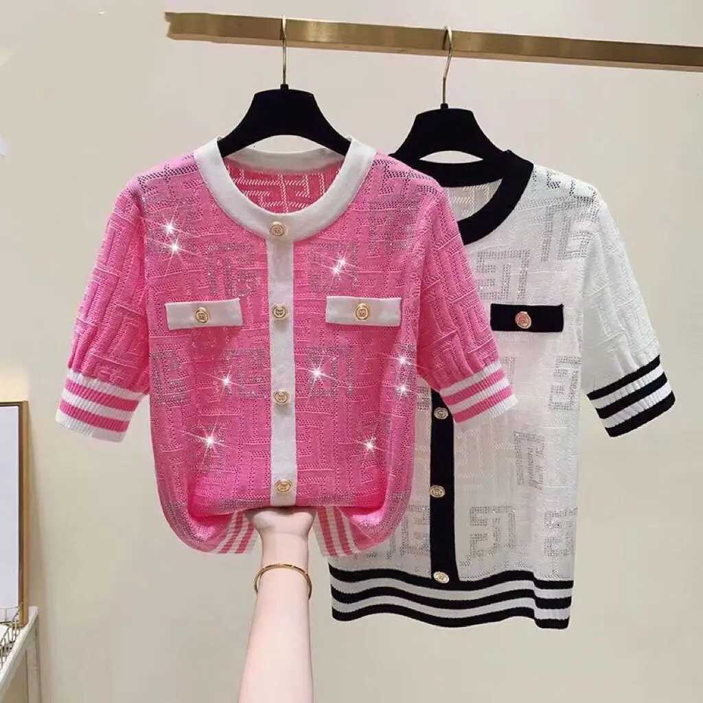 Luxury High-end Shiny Diamond Ice Silk T-shirt Thin Tops Button Summer Knit Tees Short Sleeve Striped Womens Clothing OuterwearT260312