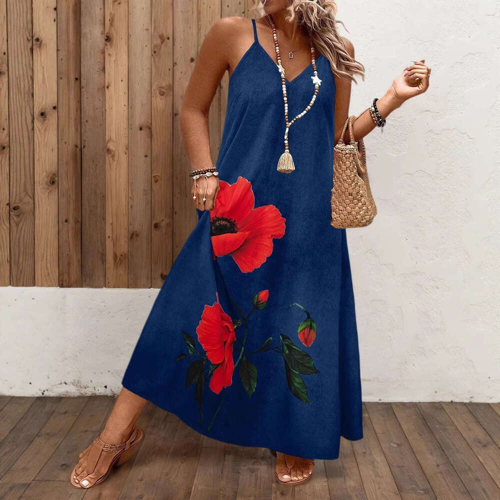 2026 Hot-Selling Summer Fashion Casual Beach European and American Cross-Border V-Neck Strap Printed Dress for Women