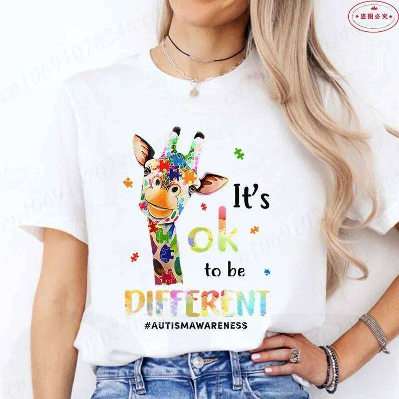 Its Okay To Be Different Giraffe T-Shirt for Women Autism Awareness Acceptance Summer Short Sleeve Tees Graphic Y2k Tops Z260312